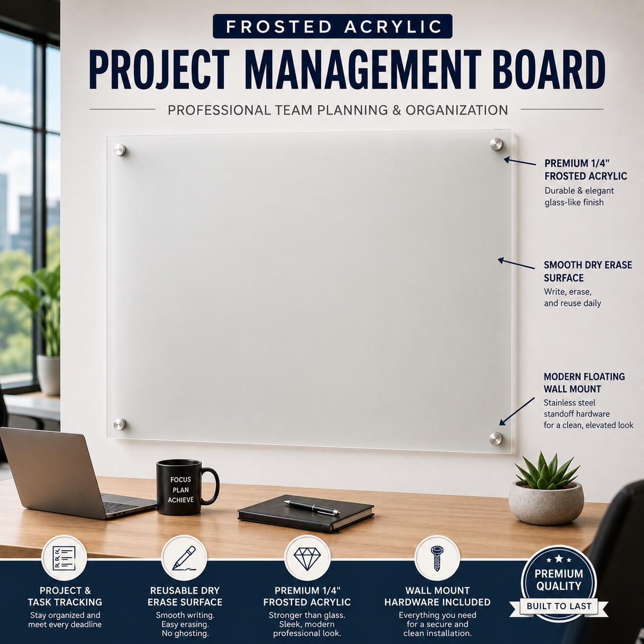 Frosted Acrylic Project Management Board, Wall Mounted Dry Erase Pl...