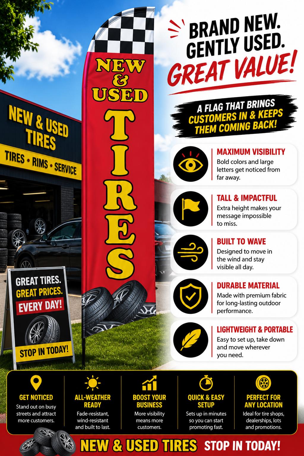 New & Used Tires Feather Flag with Hardware Included | Tire Shop Ba...