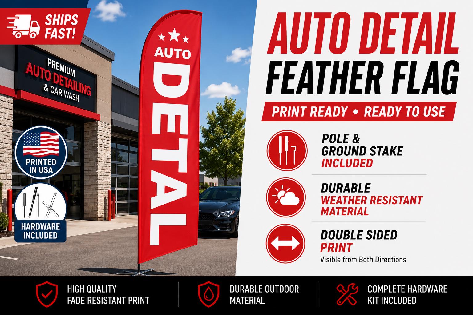 Auto Detailing Feather Flag – Weather Resistant, Single-Sided Print...