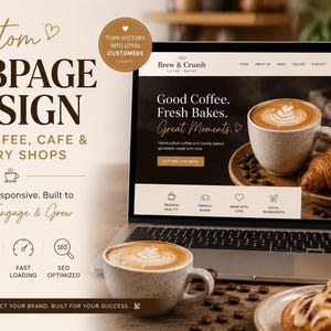 May include: A laptop and smartphone showcase a website design for a coffee shop, with the text "Good Coffee. Fresh Bakes. Great Moments." A coffee cup with latte art and pastries are also visible. The design is for coffee, cafe, and bakery shops.