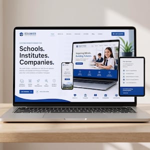 May include: A laptop, a smartphone, and a tablet displaying the Eduweb Digital Solutions website. The screen features the text Custom Website Design for Schools, Institutes, Companies, along with navigation menus and service icons.