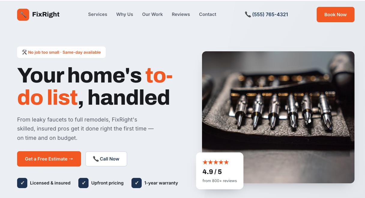 Contractor Website Template, Handyman Service Business Site, Modern...