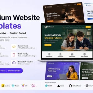Può includere: Immagine che mostra modelli di siti web premium, moderni, reattivi e con codice personalizzato. L'immagine presenta mockup di laptop e smartphone che mostrano vari temi di siti web, tra cui istruzione, sanità e affari. Il testo evidenzia le caratteristiche e le tecnologie chiave.