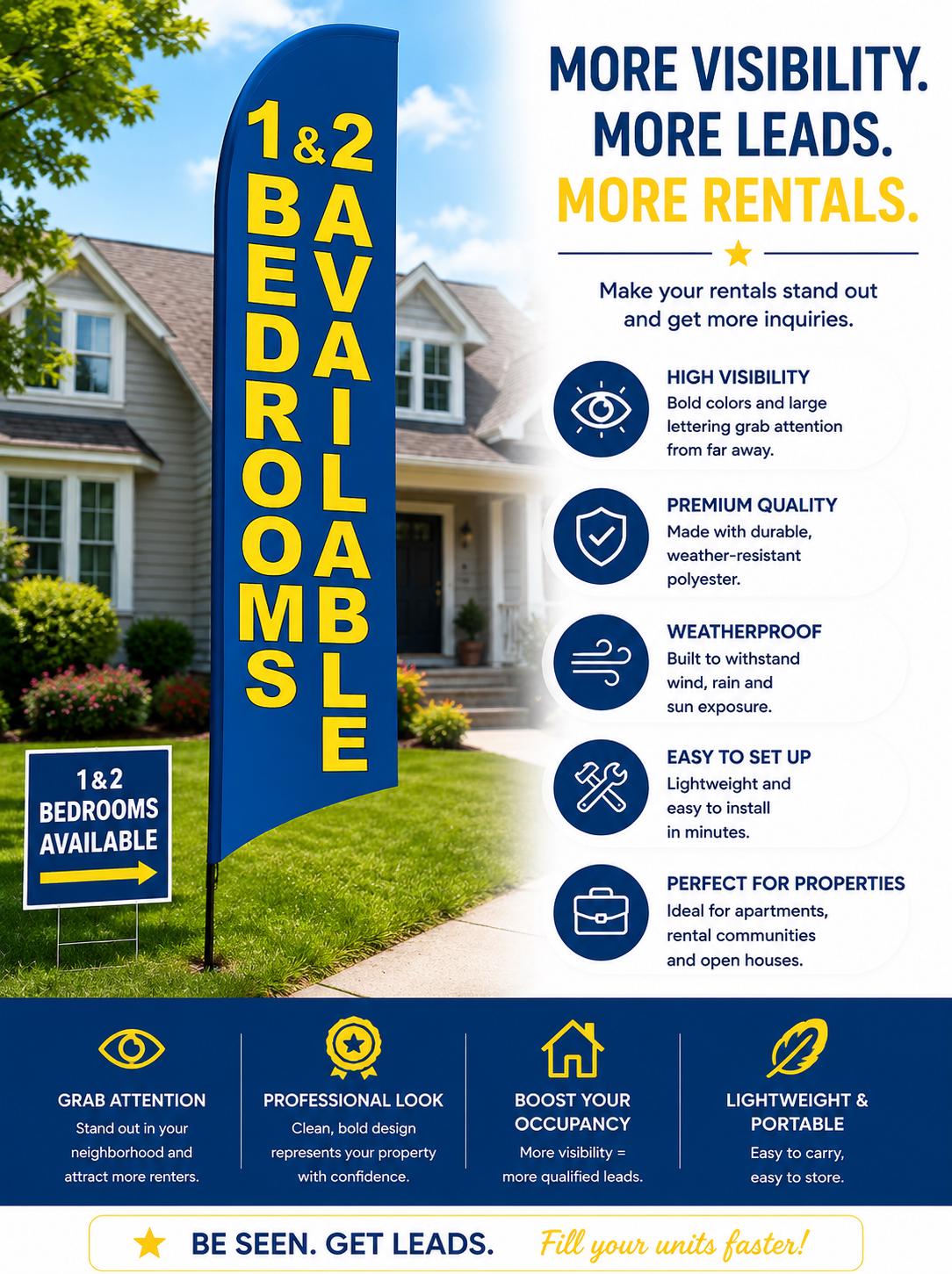 1 & 2 Bedroom Available Feather Flag, Apartment Rental Banner, Leas...