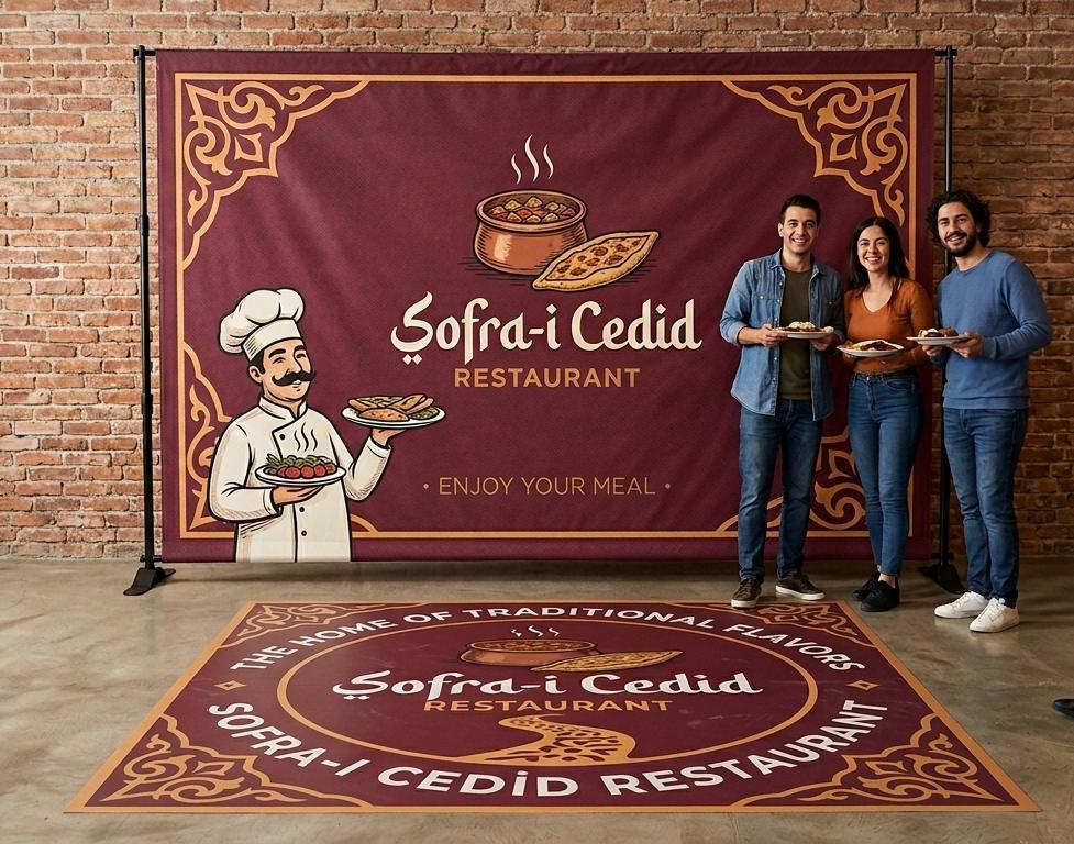 Custom Restaurant Backdrop and Floor Decal Set, Event Display Brand...