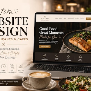 Op de afbeelding: Een laptop en smartphone tonen een restaurant website ontwerp, met een zalmgerecht. De afbeelding promoot een website ontwerp op maat voor restaurants en cafés, met de tekst "Good Food. Great Moments. Made for You."