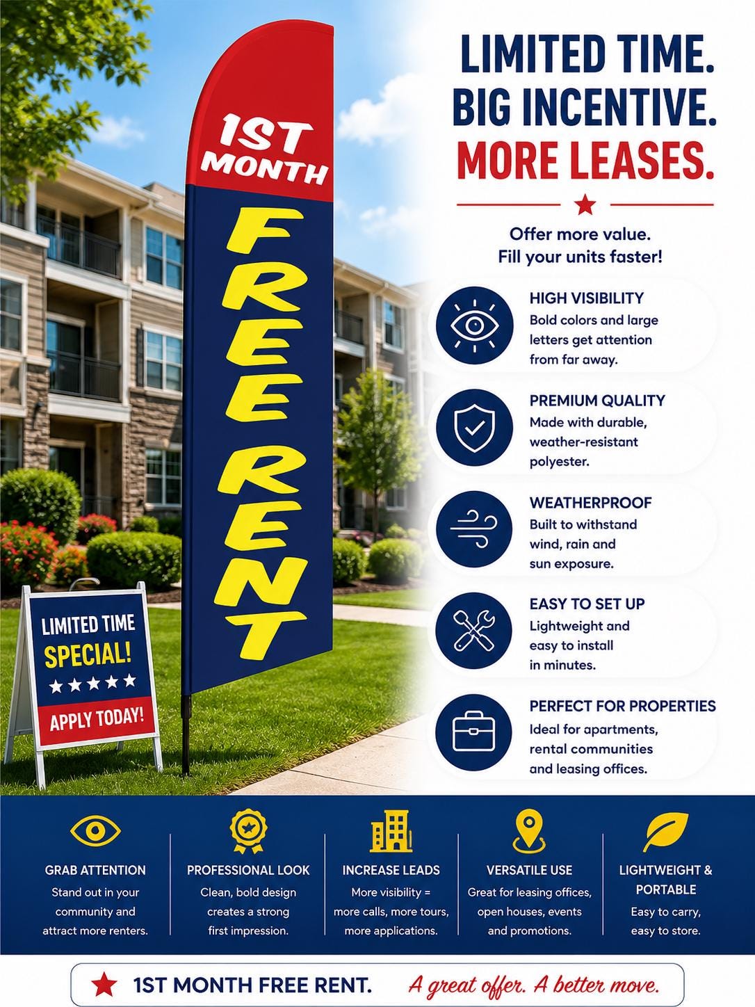 1st Month Free RentFeather Flag, Apartment Rentals Banner, Leasing ...