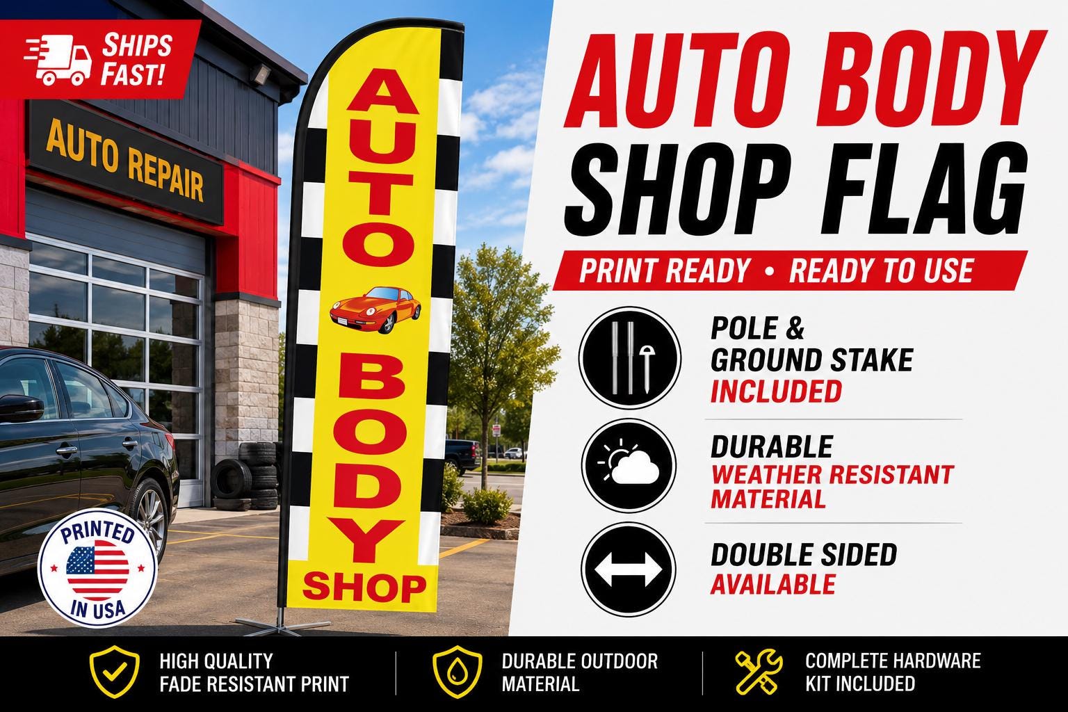 Auto Body Shop Flag – Single-Sided Print Thru, Weather Resistant, U...