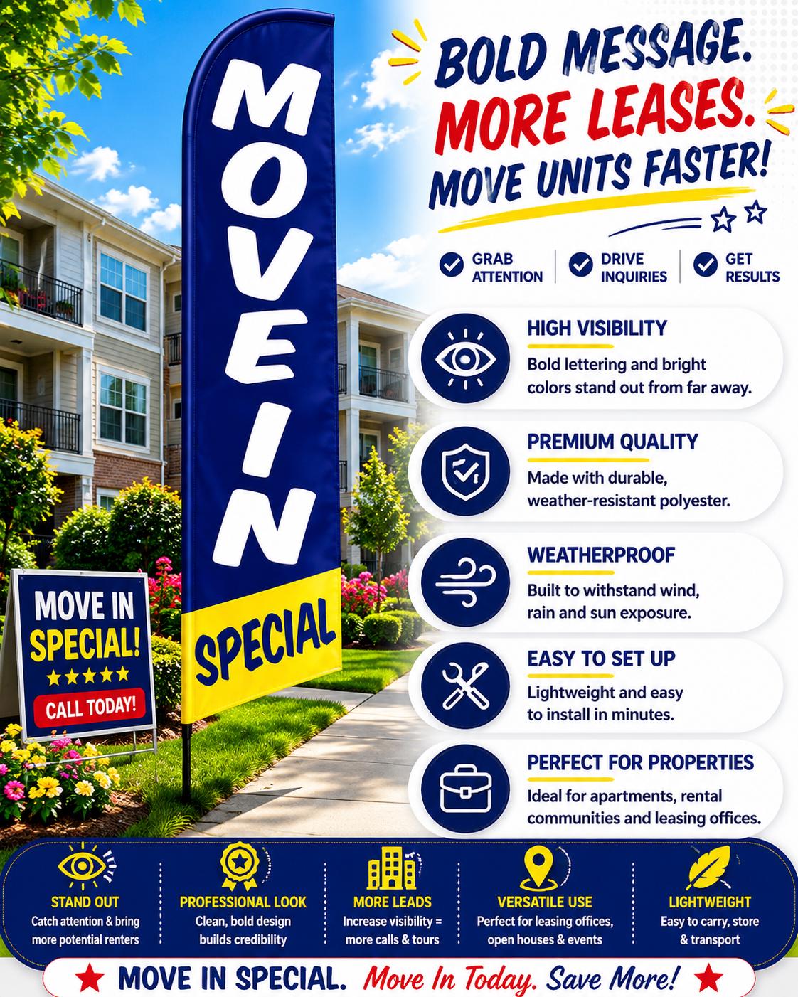 Move In Special Feather Flag, Apartment Leasing Banner, Rental Prop...