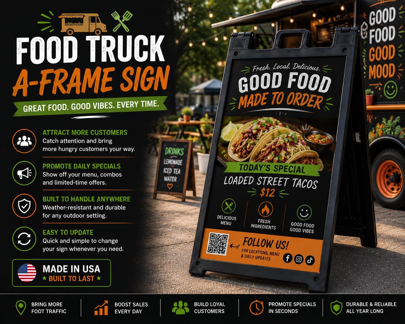 Custom A-Frame Sidewalk Sign | Outdoor Food Truck Advertising, Blac...