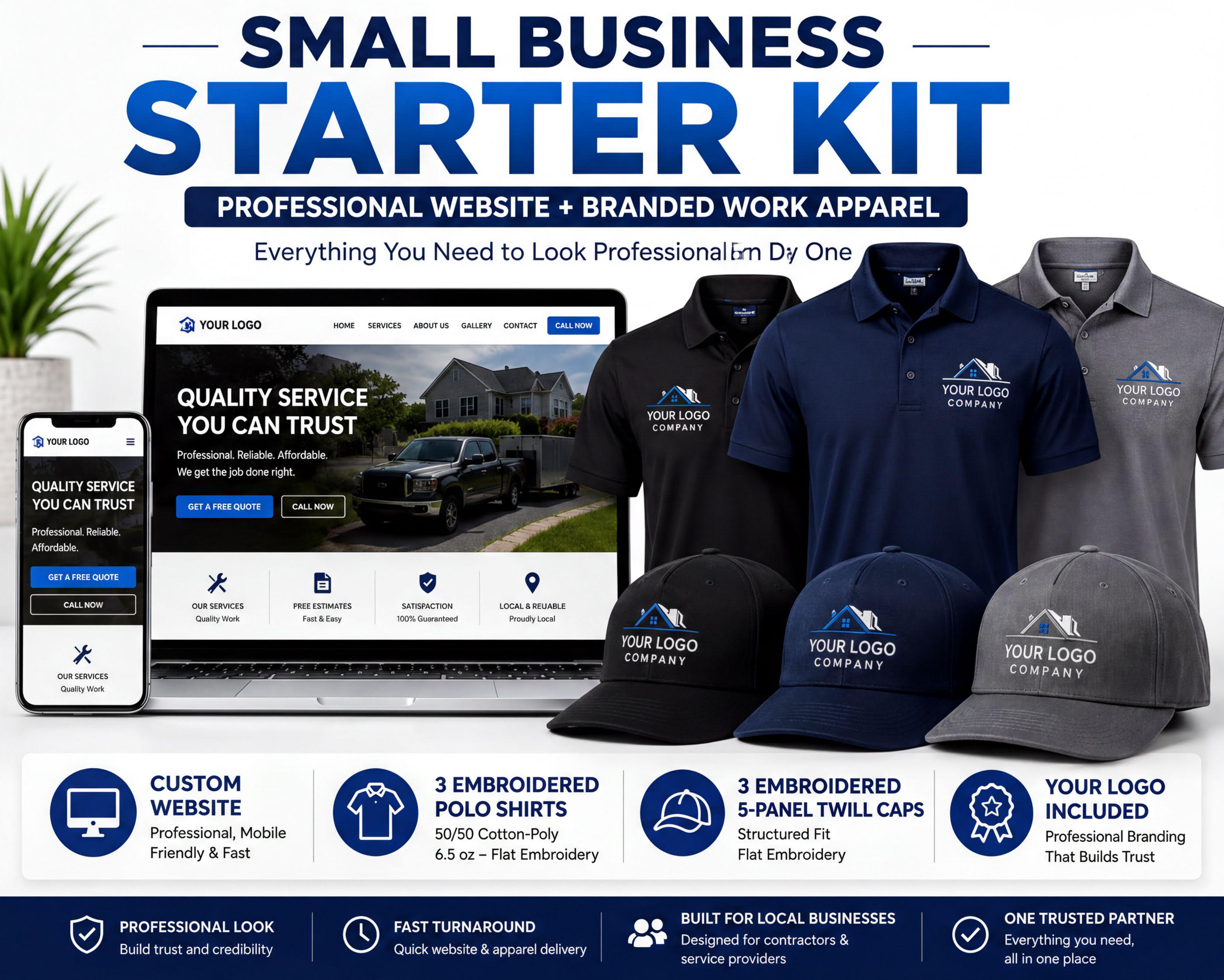 Business Startup Kit – Custom Website + 3 Embroidered Polo Shirts +...