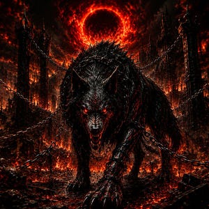 Könnte beinhalten: Digitale Illustration eines bedrohlichen schwarzen Wolfs mit leuchtend roten Augen, gefesselt in einer feurigen Höllenlandschaft. Der Hintergrund zeigt eine brennende Landschaft und eine rote Sonne, die eine dunkle und unheilvolle Atmosphäre erzeugt.