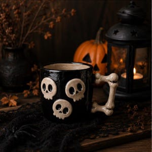 Könnte beinhalten: Ein schwarzer Keramikbecher mit drei erhabenen, cremeweißen Totenkopf-Applikationen auf der Vorderseite und einem Henkel in Form eines menschlichen Knochens. Der Becher hat eine glänzende Oberfläche und ein helles Inneres, das einen Kontrast bildet.