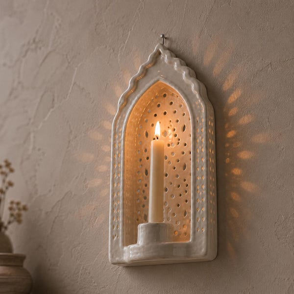 Moroccan Ceramic Wall Candle Holder, Handmade Ajour Wall Sconce, Shadow Casting Candle Holder, Boho Wall Decor