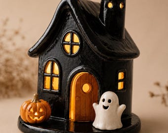 Ceramic Halloween Night Light, Haunted House Lamp, Witch Hat Cottage Light, Mushroom House Decor, USB LED Spooky Lamp
