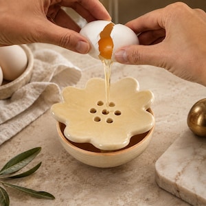 May include: A cream-colored ceramic egg separator shaped like a flower with a central perforated disc resting on a matching bowl. The separator features a smooth, glossy finish and is designed to catch the yolk while allowing the egg white to pass.