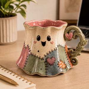 Ceramic Ghost Mug, Patchwork Halloween Coffee Cup, Handmade Spooky Mug, Cute Fall Drinkware, Cozy Autumn Gift for Her