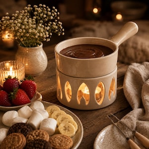 May include: A cream-colored ceramic fondue pot with a handle sits on a matching base with flame-shaped cutouts, containing melted chocolate. Beside it are fresh strawberries, sliced bananas, marshmallows, cookies, and two metal fondue forks.