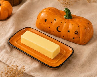 Halloween Pumpkin Butter Dish, Ceramic Butter Keeper with Lid, Orange Fall Kitchen Decor, Spooky Housewarming Gift