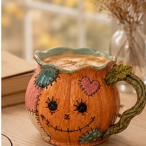 Patchwork Pumpkin Mug, Handmade Ceramic Halloween Coffee Cup, Scarecrow Jack O Lantern Mug, Cozy Fall Gift for Her