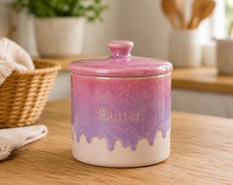 Ceramic Butter Keeper Crock, Handmade Butter Jar with Lid, Pink or Blue Glazed Butter Holder, Cozy Kitchen Gift
