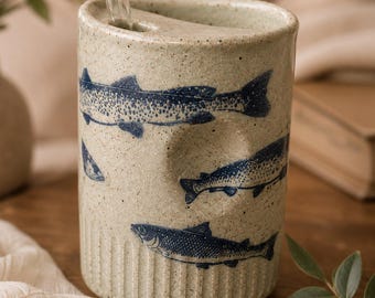 Handmade Fish Ceramic Travel Mug with Lid, Ocean Coffee Tumbler, Pottery To Go Cup, Fisherman Gift, Coastal Mug