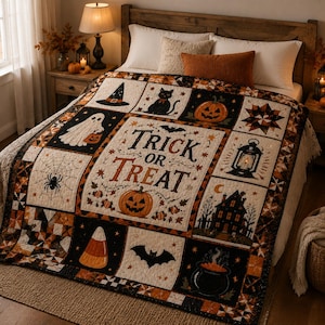 May include: A quilted bedspread featuring a central panel with the text Trick or Treat and a pumpkin illustration. Surrounding blocks display Halloween motifs including a black cat, ghost, spider web, lantern, haunted house, bat, and candy corn.