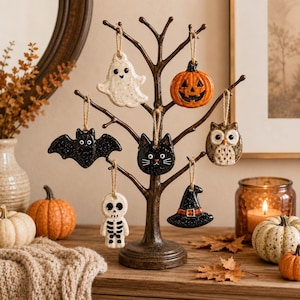 Handmade Ceramic Halloween Ornaments, Mini Ghost Pumpkin Bat Cat Owl Skeleton Witch Hat Charms, Small Tree Decor, Spooky Gift