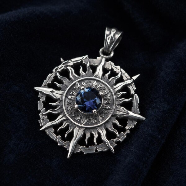 Pendant Necklace 925 Silver Blue CZ Sunburst Medallion