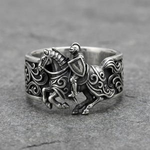 Medieval Knight Horse Ring, 925 Silver Armor Warrior Band, Mens Gothic Scrollwork Statement, Indie Designer Gift Jewelry