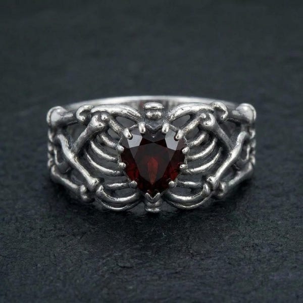For Gothic Jewelry Lovers, Skeleton Rib Cage Ring, 925 Silver with Red Heart Gemstone, Dark Aesthetic Statement, indie creative design ring