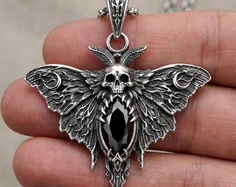 Skull Moth Pendant, 925 Silver Black CZ Death Head, Mens Dark Gothic Necklace, Indie Designer Statement Jewelry Gift