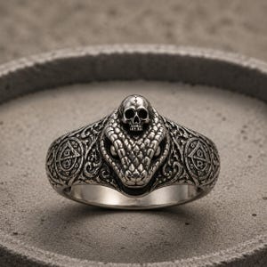Puede incluir: Un anillo de plata que presenta una cabeza de serpiente detallada con una pequeña calavera en la parte superior. La banda está decorada con intrincados grabados y símbolos circulares a ambos lados, con un acabado oxidado oscuro que resalta las texturas.
