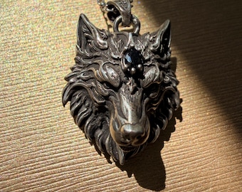 Heavy Wolf Head Pendant, 925 Silver Black CZ Alpha Beast, Edgy Mens Power Statement Necklace, Indie Designer Gift Jewelry, gift for him