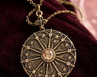 Brass Round Medallion Pendant Necklace, Vintage Star Sunburst Gemstone Charm, Ornate Filigree Antique Style Jewelry Gift