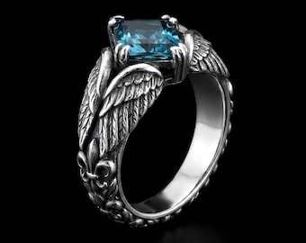 Angel Wing Fleur De Lis Ring, 925 Silver Blue CZ Gothic Feather, Unisex Baroque Statement Band, Indie Designer Gift Jewelry