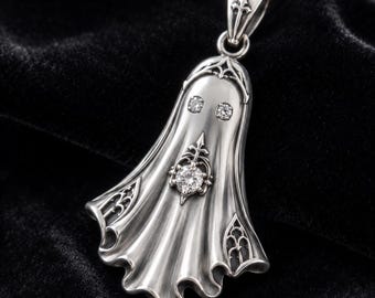 Gothic Ghost Pendant 925 Sterling Silver Oxidized Gemstone Necklace, special gift choice for her or him, indie design pendant