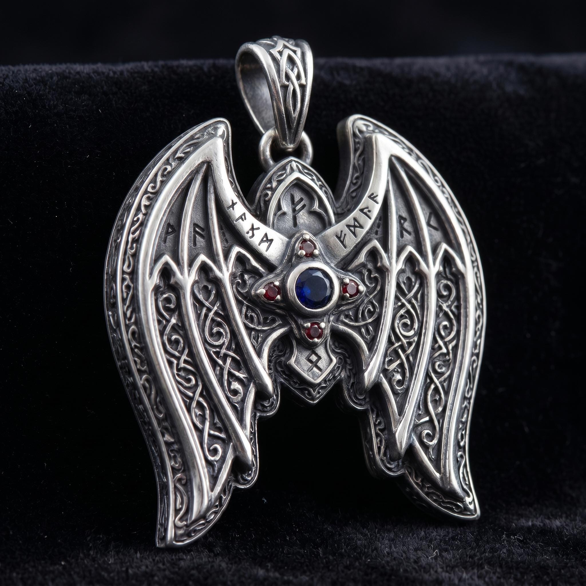 Winged Rune For Him, Norse Rune Angel Wing Pendant, 925 Silver With Multi-colored ...