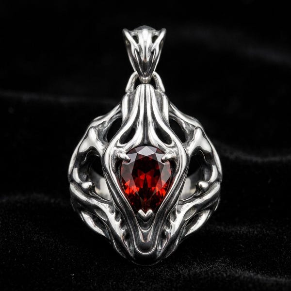 Alien Bone Gothic Pendant, 925 Silver Red CZ Bio Organism, Mens Dark Sci Fi Necklace, Indie Designer Statement Jewelry Gift