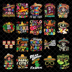 Cinco De Mayo Png Bundle, Mexican Party Png, Let&#39;s Fiesta Png, Mexico Tequila Png, Tacos Png, Nachos Hat, Sublimation Design Download