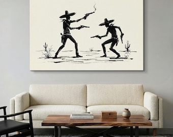 Western Duel Canvas Print, Mexican Outlaw Wall Art, Cowboy Shootout Decor, Black and White Ink Sketch, Desert Saloon Art, Rustic Man Cave