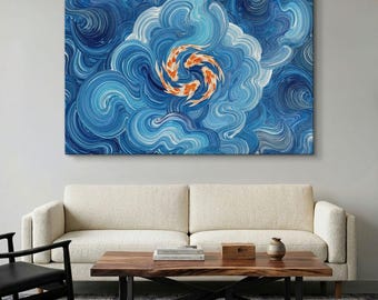 Koi Fish Canvas Print, Zen Blue Wall Art, Abstract Ocean Painting, Swirling Water Print, Japanese Inspired Decor, Bedroom Living Room Art