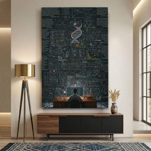 May include: A large vertical wall art print featuring a dark chalkboard background covered in complex scientific equations, mathematical formulas, and a central DNA helix illustration, with a person sitting at a desk in front of it.