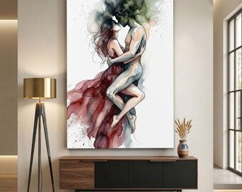 Romantic Couple Canvas Print, Abstract Lovers Wall Art, Watercolor Kissing Art, Passionate Soulmate Painting, Moody Bedroom Decor, Boho Art