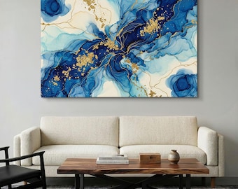 Navy Blue Abstract Wall Art, Gold Foil Marble Canvas Print, Modern Alcohol Ink Poster, Minimalist Navy Gold Decor, Large Living Room Art