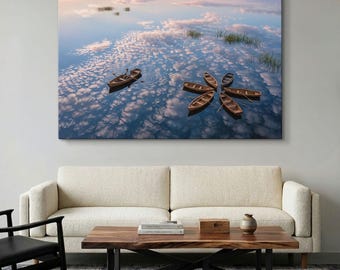 Rowboat Canvas Print, Surreal Lake Wall Art, Dreamy Cloud Reflection Decor, Peaceful Nature Print, Zen Water Landscape, Moody Lake Art