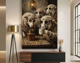 Funny Sheep Canvas Print, Coffee Lover Wall Art, Farmhouse Animal Decor, Rustic Kitchen Art, Quirky Sheep With Glasses, Coffee Bar Decor