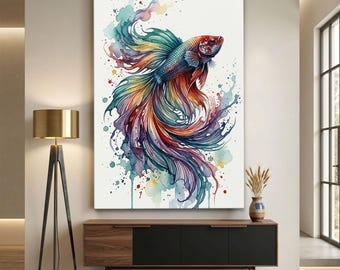 Betta Fish Canvas Print, Colorful Watercolor Art, Rainbow Tropical Fish Wall Decor, Abstract Aquatic Home Art, Vibrant Office Wall Hanging