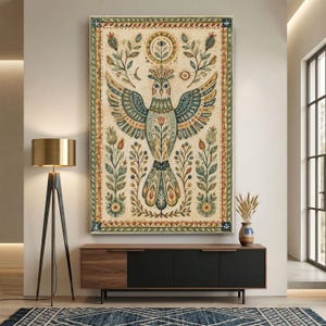 Boho fågelväggkonst, kanvastavla med folkkonst, salviagrön fågeldekor, mystisk djurväggbonad, jordnära estetisk dekor, botanisk fågel