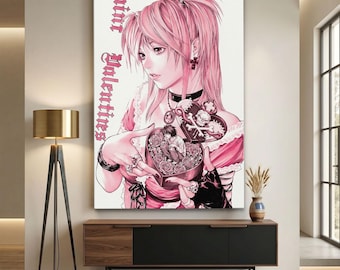 Anime Girl Wall Art, Pink Canvas Print, Gothic Valentine Decor, Manga Poster, Pastel Goth Room Decor, Kawaii Skull Art, Bedroom Wall